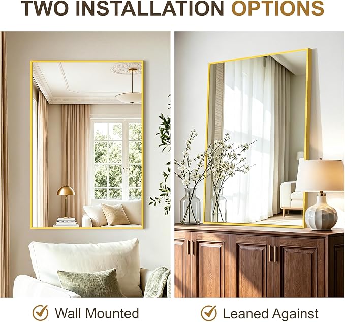 Rectangular Bathroom Mirror, 36"x24" Gold Metal Framed Vanity Mirror | HD Shatterproof Wall Mirror, Horizontal or Vertical Hanging, Easy Installation for Bathroom, Bedroom, Living Room, Entryway