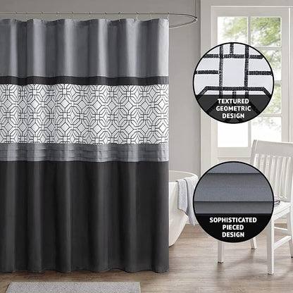 510 DESIGN Shower Curtain, Geometric Textured Embroidery Design with Built-in Liner, Modern Mid-Century Bathroom Decor, Machine Washable, Fabric Privacy Screen, 72x72, Donnel, Black/Grey