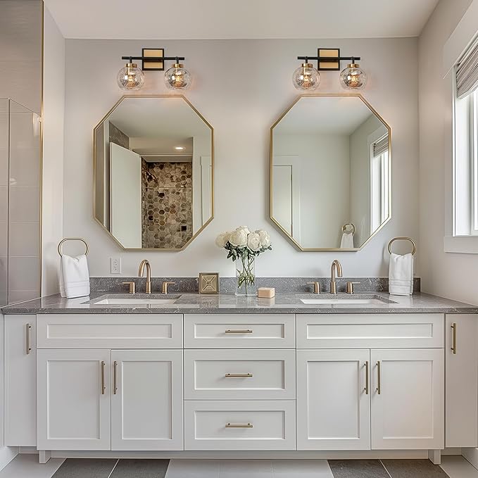 KSANA Black Gold Vanity Light, Modern Bathroom Light Fixture with Mercury Glass Shade, Brass 2-Light Globe Wall Sconce Over Mirror