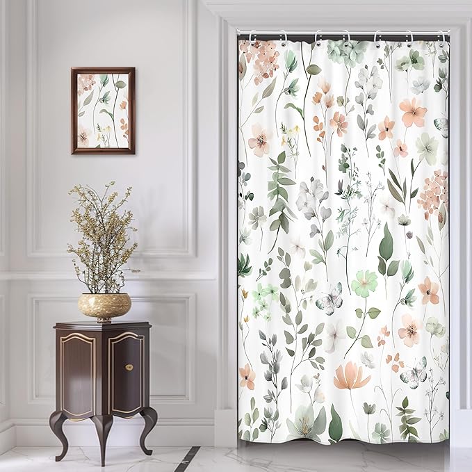 Stall Small Narrow Green Pink Floral Cute Boho Bathroom Shower Curtain Set | 36"W x 72"H Wildflower Watercolor; waterproof HD print, quick-dry fabric and plastic hooks for easy setup.