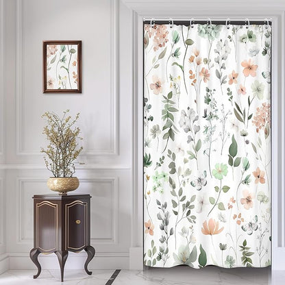 Stall Small Narrow Green Pink Floral Cute Boho Bathroom Shower Curtain Set | 36"W x 72"H Wildflower Watercolor; waterproof HD print, quick-dry fabric and plastic hooks for easy setup.