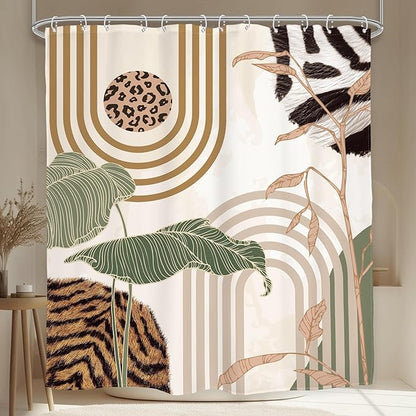 Glawry Green Abstract Shower Curtain Boho Tropical Leaves Palm Leaf Mid Century Minimalist Modern Bathroom Leopard Print Fur 60Wx72L Inches Bath Accessories Art Home Decor Fabric 12 Pack Hook