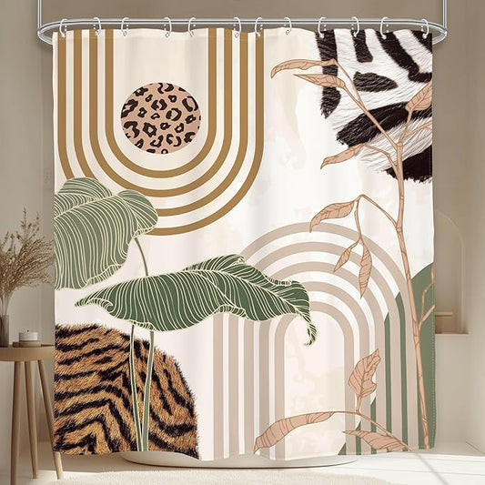 Glawry Green Abstract Shower Curtain Boho Tropical Leaves Palm Leaf Mid Century Minimalist Modern Bathroom Leopard Print Fur 60Wx72L Inches Bath Accessories Art Home Decor Fabric 12 Pack Hook