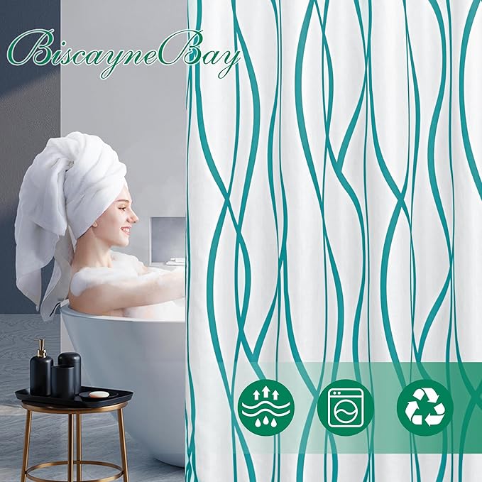 Fabric Modern Shower Curtain-Turquoise & White Shower Curtains for Bathroom | 72"W x 72"L Textured Faux Linen Luxury Hotel Quality Washable-Abstract Wavy Cloth Bath Curtain-Apartment Minimalist Decor