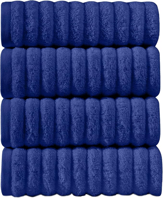 Elegant Comfort Luxury 100% Turkish Cotton Corduroy Ribbed 4 Pack Hand Towel Set 16 x 28 Inch - Absorbent, Super Soft, Quick Dry, Premium Towels for Bathroom, Gym, Spa and Hotel Use, Royal Blue