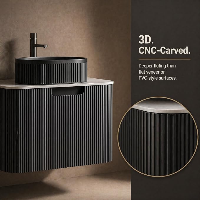 30 Inch Bathroom Vanity with Sink, Floating Wall Mounted Single Sink Vanity, Black Curved Fluted Front, Stone Top, Black Textured Oval Vessel Basin, Pre-Assembled