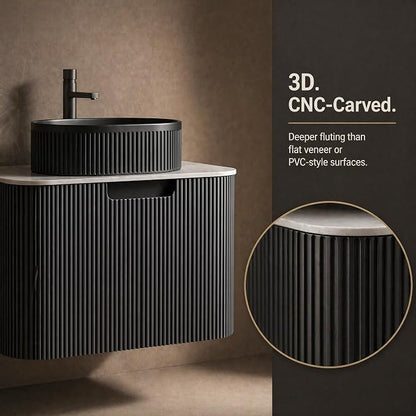 30 Inch Bathroom Vanity with Sink, Floating Wall Mounted Single Sink Vanity, Black Curved Fluted Front, Stone Top, Black Textured Oval Vessel Basin, Pre-Assembled
