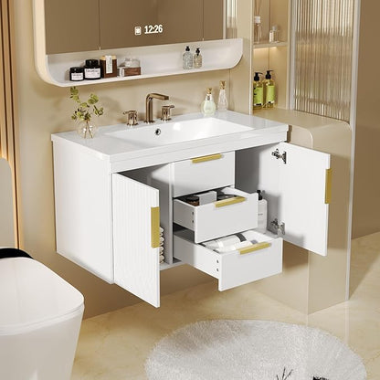 LUMISOL 36" Floating Vanity Bathroom with Sink, Wall Mounted Bathroom Vanity with 2 Doors & 2 Drawers, Modern Bathroom Storage Cabinet with Undermount Sink, White