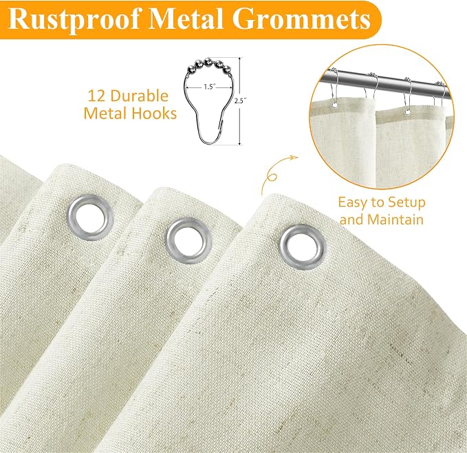 Ivory Linen Shower Curtain, Cloth Textured Fabric Shower Curtain Set with Hooks, Simple Elegant Modern Farmhouse Country Ultra Thick Bath Curtains for Bathroom,Water Repellent,108x72