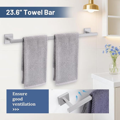 TURS 5-Pieces Brushed Nickel Bathroom Hardware Accessories Set 23.6" Towel Bar Set Wall Mounted Square Toilet Paper Holder with Shelf Stainless Steel