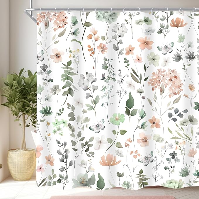 Sage Green Cute Floral Flower Wildflower Summer Bathroom Shower Curtain Set | 72Wx72H Spring Butterfly Plants, waterproof HD printed shower curtain, quick-dry fabric, free hooks for easy installation.