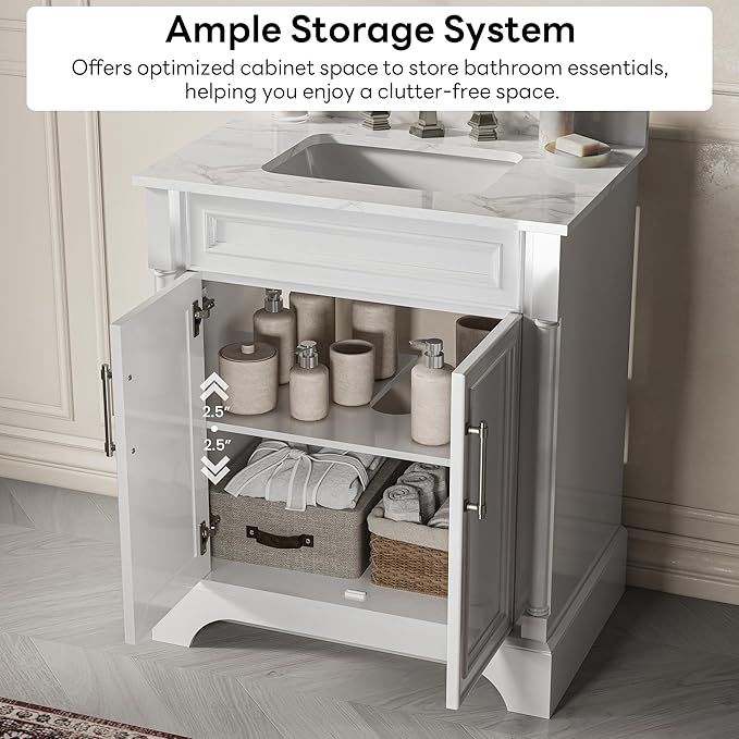 LIKIMIO 30" Bathroom Vanity with Sink, Freestanding Bathroom Vanity with 2 Soft-Close Doors, Engineered Stone Countertop & Undermount Ceramic Sink, Transitional Bathroom Vanity, Easy Assembly, White