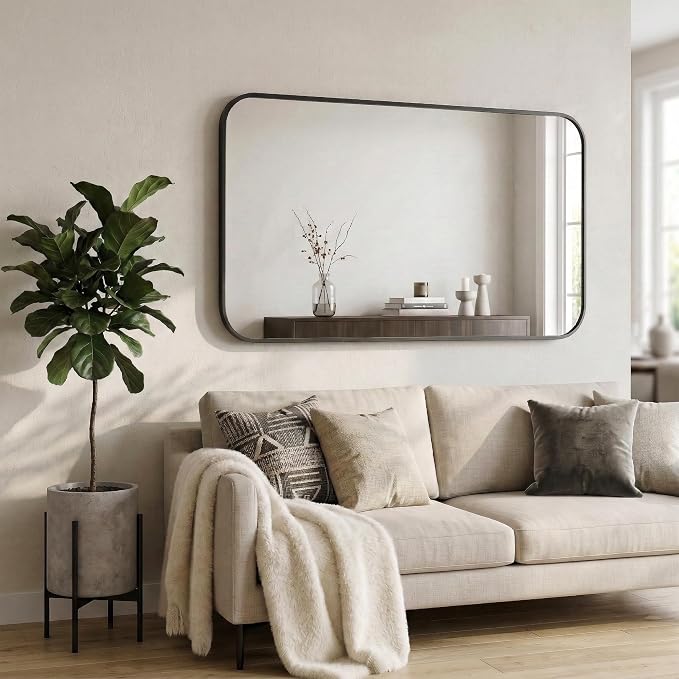 30x48 Inch Matte Black Rounded Rectangle Bathroom Vanity Mirror | For Over-Sink Bathrooms, Powder-Coated Iron Frame, Layered Shadow Box Look, Vertical or Horizontal Layout