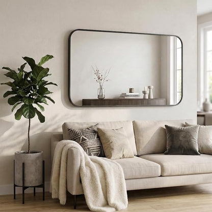 30x48 Inch Matte Black Rounded Rectangle Bathroom Vanity Mirror | For Over-Sink Bathrooms, Powder-Coated Iron Frame, Layered Shadow Box Look, Vertical or Horizontal Layout