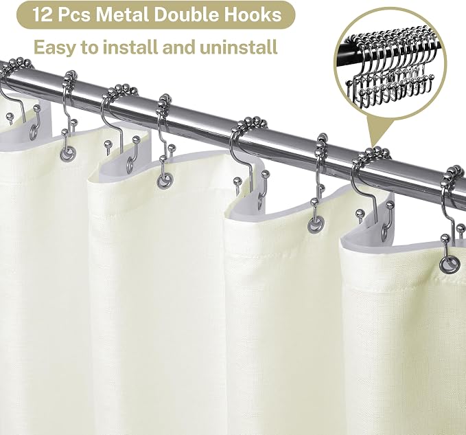 3 in 1 Shower Curtain Set, Cream Shower Curtain and Liner Set with 12 Double Sided Shower Curtain Hooks, Cloth Shower Curtains for Bathroom,Waterproof, 72" W*72" H