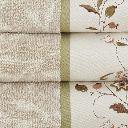 Madison Park Serene 100% Cotton Bath Towel Set Luxurious Floral Decorative Towels for Bathroom Embroidered Cotton Jacquard Design Soft Highly Absorbent for Shower 600 GSM, Multi-Sizes, Green 6 Piece | Luxurious Floral Decorative Towels for Bathroom, Em...