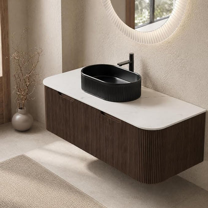 48 Inch Bathroom Vanity with Sink, Floating Wall Mounted Single Sink Vanity, Dark Walnut Curved Fluted Front, Stone Top, Black Textured Oval Vessel Basin, Pre-Assembled