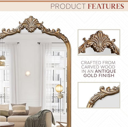 English Estate Carved Arch Wood Wall Mirror, Mirror for Entryway, Living Room, Bathroom, Antique Gold, 20.4x33