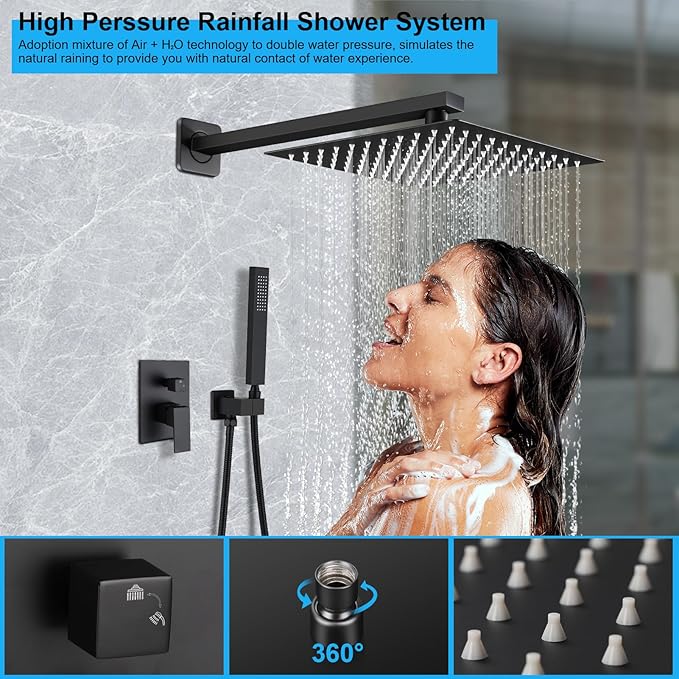 Matte Black Shower Faucet Set, Rainfall Bathroom Shower System Fixture 12 Inch High Pressure Square Rain Shower Head with Handheld Sprayer Combo Wall Mount with cUPC Certified Rough-in Valve