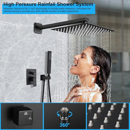 Matte Black Shower Faucet Set, Rainfall Bathroom Shower System Fixture 12 Inch High Pressure Square Rain Shower Head with Handheld Sprayer Combo Wall Mount with cUPC Certified Rough-in Valve