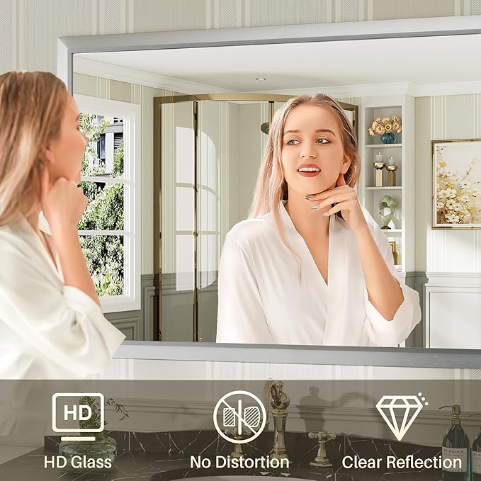 55x30 Inch Brushed Silver Bathroom Mirror for Wall, Thick Metal Framed Rectangle Mirrors for Over Sink, Bedroom, Living Room, Entryway, Anti-Rust, HD Tempered Glass