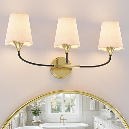 Morauroral Bathroom Light Fixtures Over Mirror, 3 Light Vanity Light for Bathroom, Black Gold Vanity Light Fixtures with Fabric Linen Shade, E26 Socket Sconce Wall Decor(ETL Listed)
