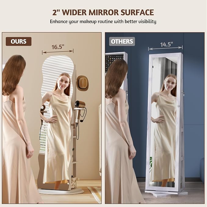 Vlsrka 360° Swivel Jewelry Armoire with Full Length Wave Mirror, White | Lockable Mirror Jewelry Cabinet Standing, Interior LED Makeup Mirror, Foldable Shelf, Large Capacity, Gift for Women, Girls