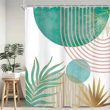 Mid Century Green Pink Boho Abstract Modern Bathroom Shower Curtain Set | 60Wx72L Plant design, waterproof HD print with fast-drying fabric and 12 hooks.