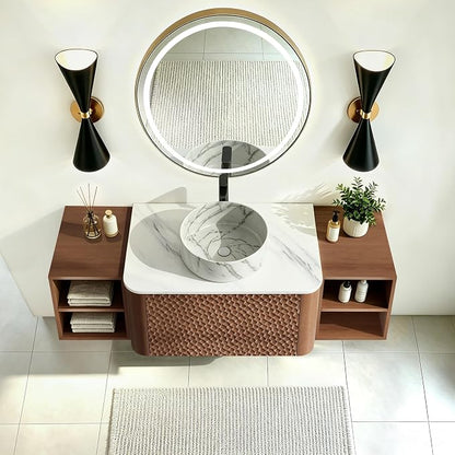 54 Inch Modern Bathroom Vanity with Ceramic Sink, Floating Bathroom Sink Cabinet with Sintered Stone Top&Solid Wood Hammered Frame, Single Bathroom Vanities w/Soft-Close Drawer&2 Side Open Cube