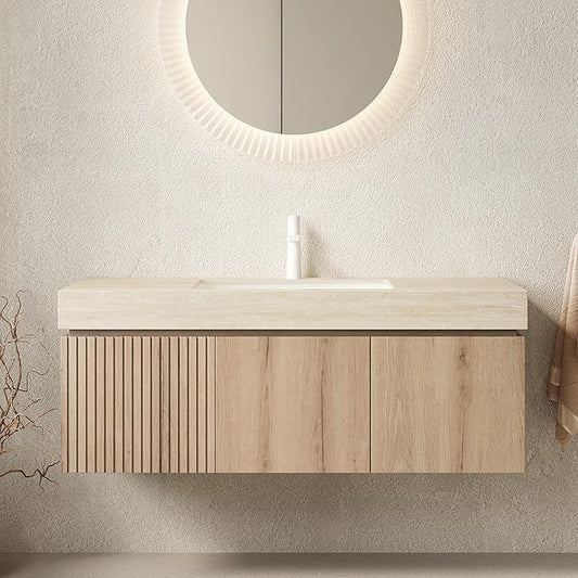 48 Inch Floating Bathroom Vanity with Sink, Wall-Mounted Bathroom Vanity with Drawer and 2 Doors, Roma Travertine-Pattern Countertop and Ceramic Basin, Pre-Assembled, White Oak