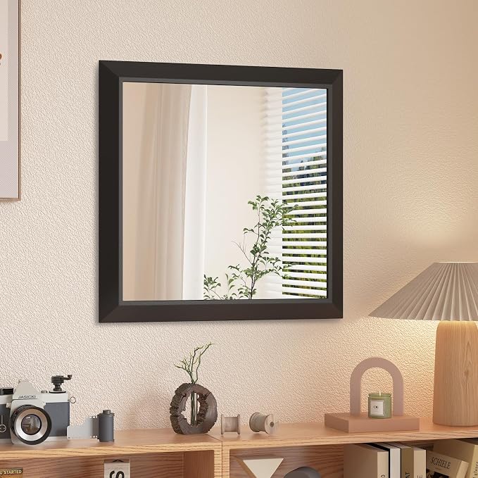 SMIROR 20x20 Matte Black Bathroom Vanity Mirror for Over Sink | Metal Wide Frame, Rectangle, Right- Angle Corner, Anti-Rust, Horizontally or Vertically Wall- Mounted for Home Remodel