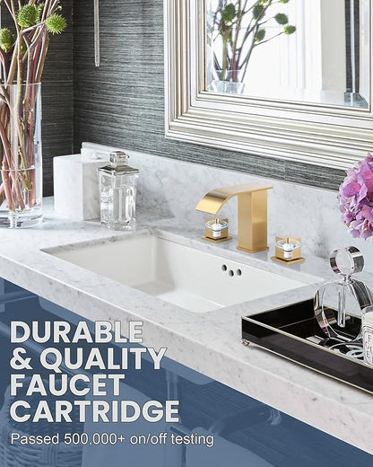 Brushed Gold Waterfall Bathroom Faucet: ARCORA 8 Inch Widespread Bathroom Faucets for Sinks 3 Hole, Modern 2 Handles Bathroom Sink Faucet with Pon Up Drain and cUPC Supply Lines