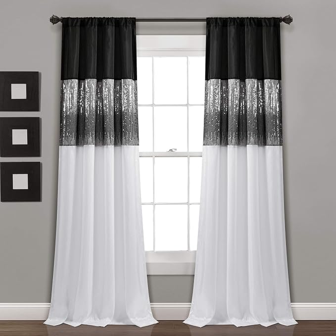 Lush Decor Night Sky Window Curtain Panel, Single 42"W x 84"L Black & White - Sequin Backdrop Curtain - Room Darkening Curtains For Bedroom - Glam Decor