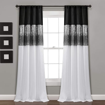 Lush Decor Night Sky Window Curtain Panel, Single 42"W x 95"L Black & White - Sequin Backdrop Curtain - Room Darkening Curtains For Bedroom - Glam Decor
