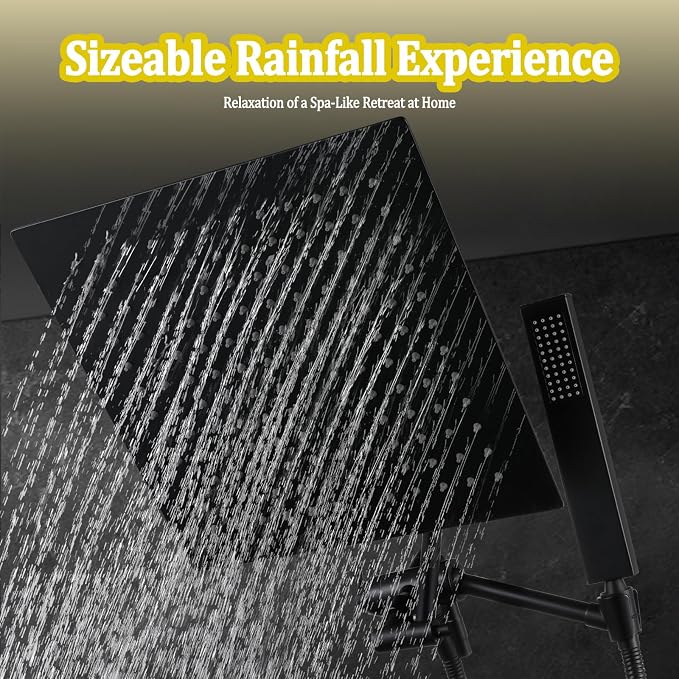 All Metal 12" Rainfall Shower Head with Handheld Spray Combo, High Pressure Rain Shower Heads with Adjustable Extension Arm, Wide Dual Waterfall Showerhead, Extra Long Shower Hose - Matte Black