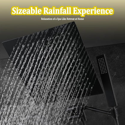 All Metal 12" Rainfall Shower Head with Handheld Spray Combo, High Pressure Rain Shower Heads with Adjustable Extension Arm, Wide Dual Waterfall Showerhead, Extra Long Shower Hose - Matte Black