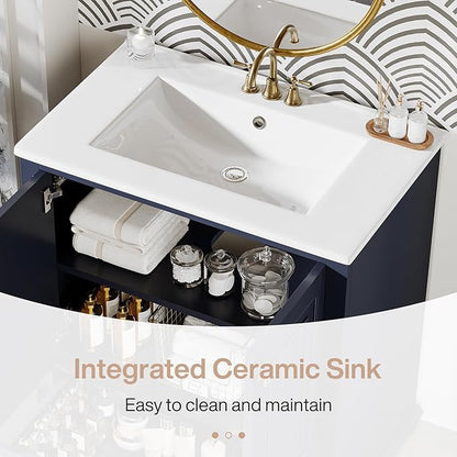 Tribesigns 30" Bathroom Vanity with Ceramic Sink Combo, Freestanding Bathroom Storage Vanity Cabinet with 2 Doors & 1 Drawer, Solid Wooden Frame & Coated Surface, Metal Handle, Navy Blue
