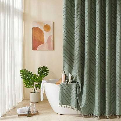 Boho Extra Long Sage Green Shower Curtain with Tassel, Woven Fabric, Tufted Chevron Striped, 72 x 78, Modern Chic Textured Minimalist