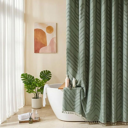 Siiluminisoy Extra Long Sage Green Shower Curtain with Tassel, Woven Fabric 90 in, Tufted Chevron Striped, 72 x 90, Modern Chic Textured Minimalist Bathroom