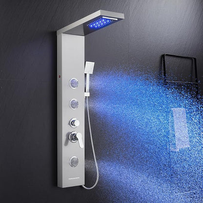 ROVATE 6-in-1 LED Rainfall Waterfall Shower Panel Tower System, Brushed | High Pressure Stainless Steel Shower Column with Tub Spout, 2-Setting Body Jets and Flexible Handheld, Water Flow Adjustable
