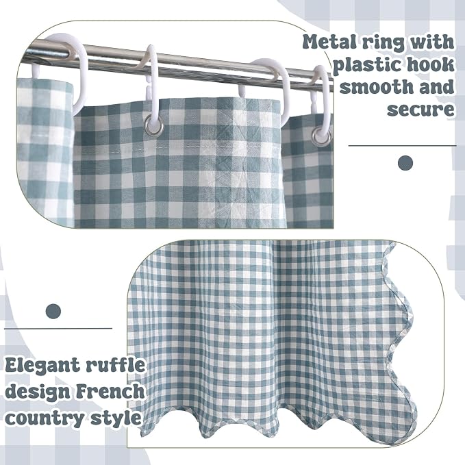 HunnmingRe Scalloped Gingham Shower Curtain Dust Blue | 72'' x 72'' Vintage Farmhouse Curtain, Cotton Cottage Core Rural Checkered Plaid Decor, Fall Shower Curtain for Bathroom