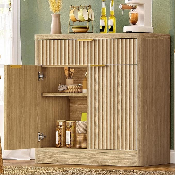31.5" W Storage Cabinet with Drawer and Adjustable Shelf, Coffee Bar Cabinet, Fluted Sideboard Buffet Cabinet with 2 Doors for Living Room, Kitchen, Entryway, Natural