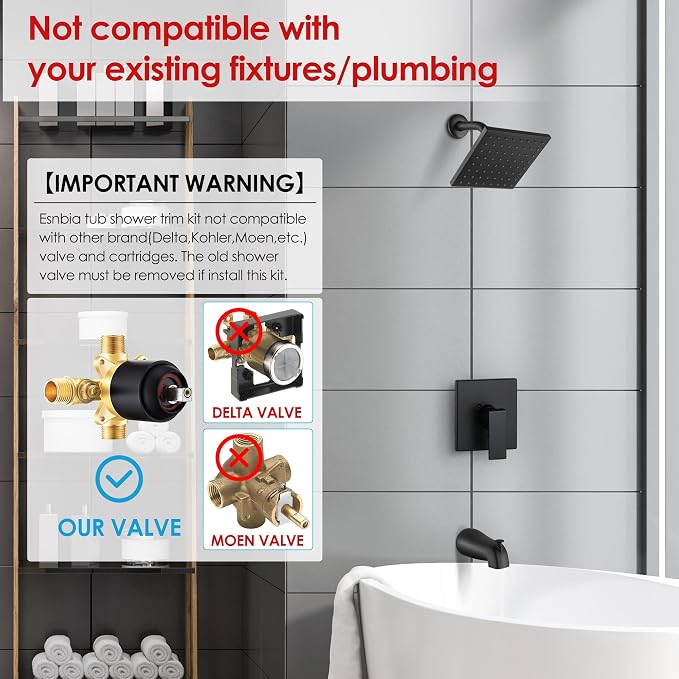 Matte Black Tub Shower Faucet Set, 6" Rain Head with Valve Included | Matte black shower kit with valve & tub spout. Single handle control, 6in rain head, durable matte finish for bathroom decor.