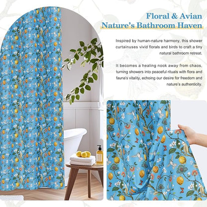 Blue Floral Bird Shower Curtain 72x72, Hummingbird and Lemon Botanical Fabric Bath Curtains, Lightweight Quick-Dry Bathroom Decor Set with Hooks