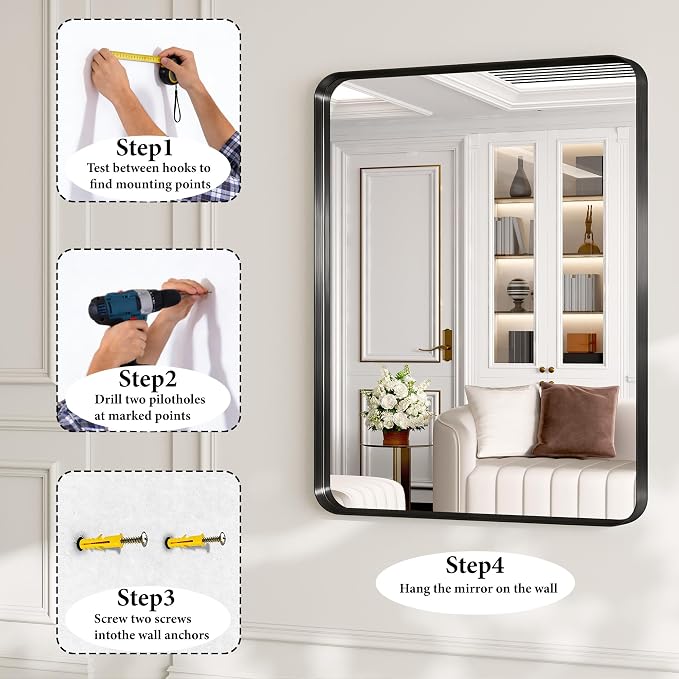 60X28 Inch Black Metal Framed Bathroom Mirror for Wall, Matte Framed Rounded Rectangular Modern Mirrors for Over Sink, Anti-Rust, HD Tempered Glass, Farmhouse, Hangs Horizontally or Vertically