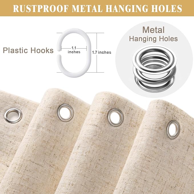 Linen Shower Curtain Beige, Fabric Boho Farmhouse Shower Curtains for Bathroom Cream Cotton Natural Cloth Liner Set 72" W x 75" L