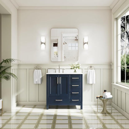 36-Inch Bathroom Vanity with Sink, 2 Soft-Close Doors and 5 Soft-Close Drawers, Bathroom Freestanding Vanity with Cultured Marble Countertop, Navy Blue Vanity with Brushed Nickel Handles
