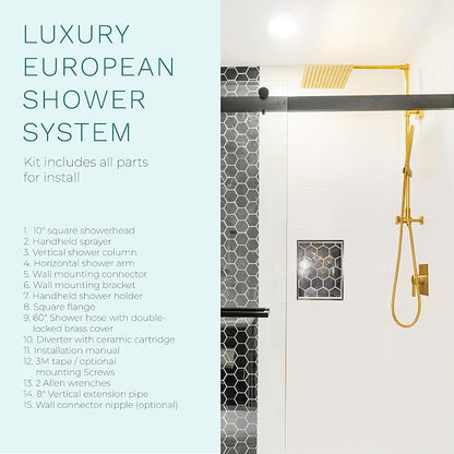 Polaris Lux Rain Shower System, includes 10” Square Rainfall Shower Head and Handheld Shower Combo, Height Adjustable Spray Holder, Retrofit, 60” Hose (2.5 GPM Brushed Gold)