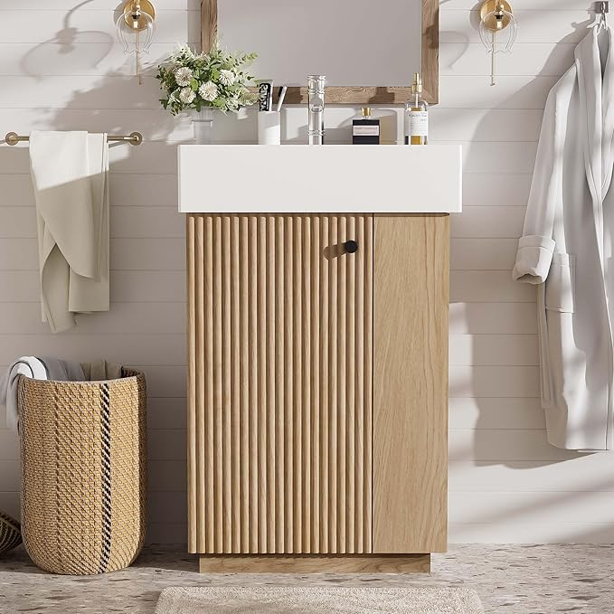 Merax Bathroom Vanity, Undermount Sinks Vanity with Side Storage, Floor Standing Bathroom Storage Cabinet Combo Set, Small Bathroom Sink Vanity, Oak