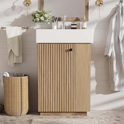 Merax Bathroom Vanity, Undermount Sinks Vanity with Side Storage, Floor Standing Bathroom Storage Cabinet Combo Set, Small Bathroom Sink Vanity, Oak